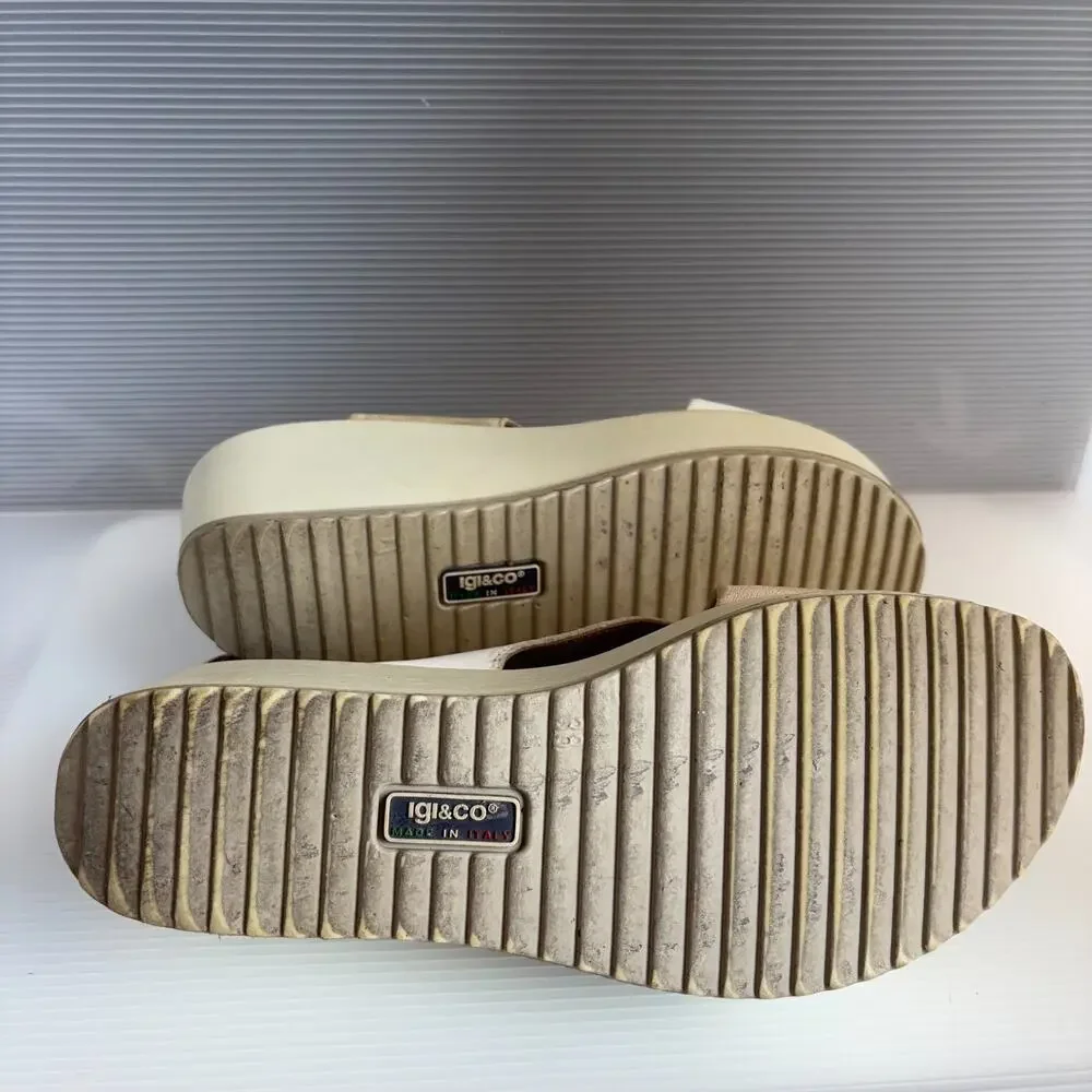 IGI&CO Italy Leather Platform Wedge Sandals White Beige Womens EU 38 US 7-7.5